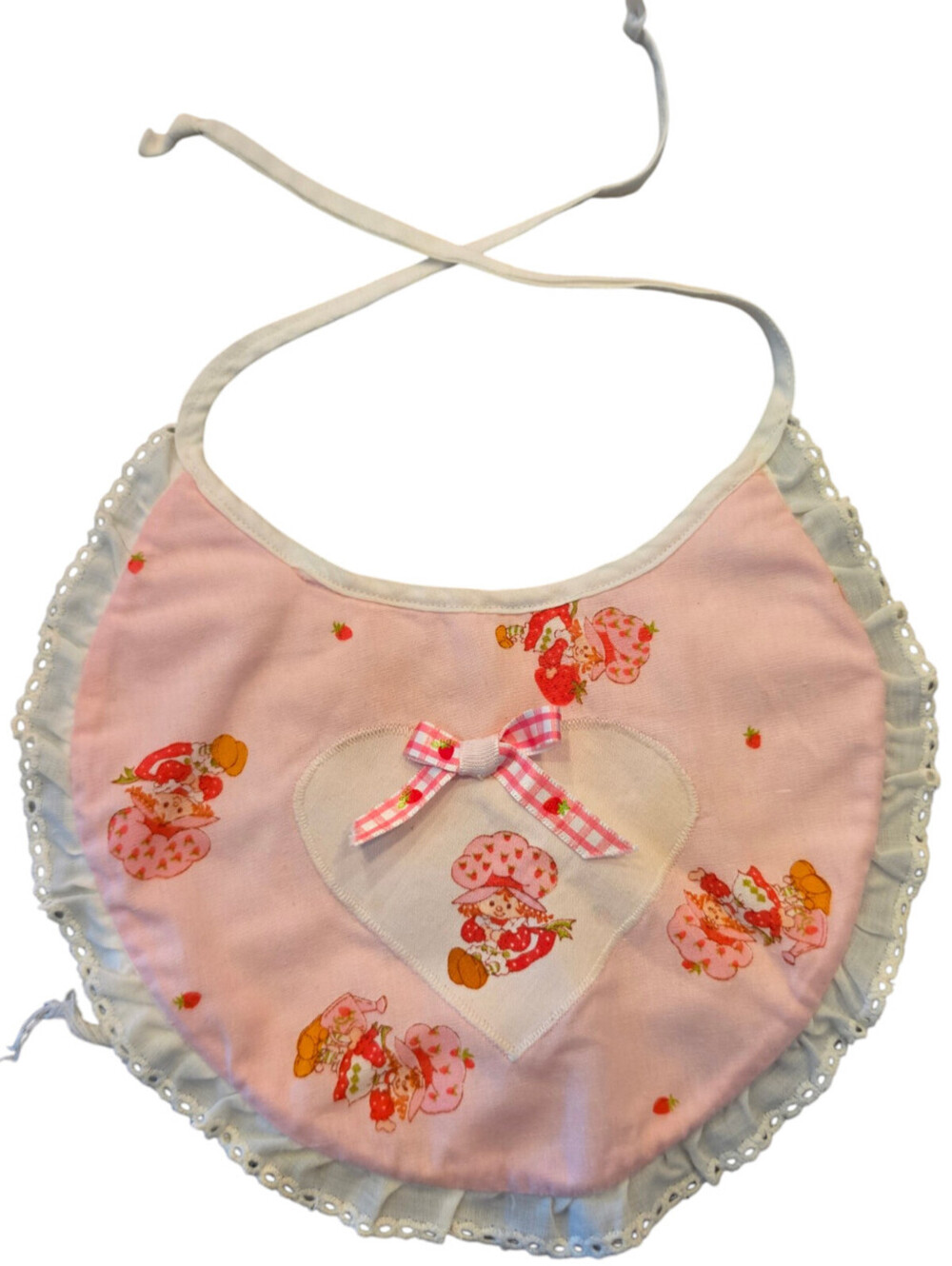 Vintage 1980s Strawberry Shortcake cotton baby bib Pink White